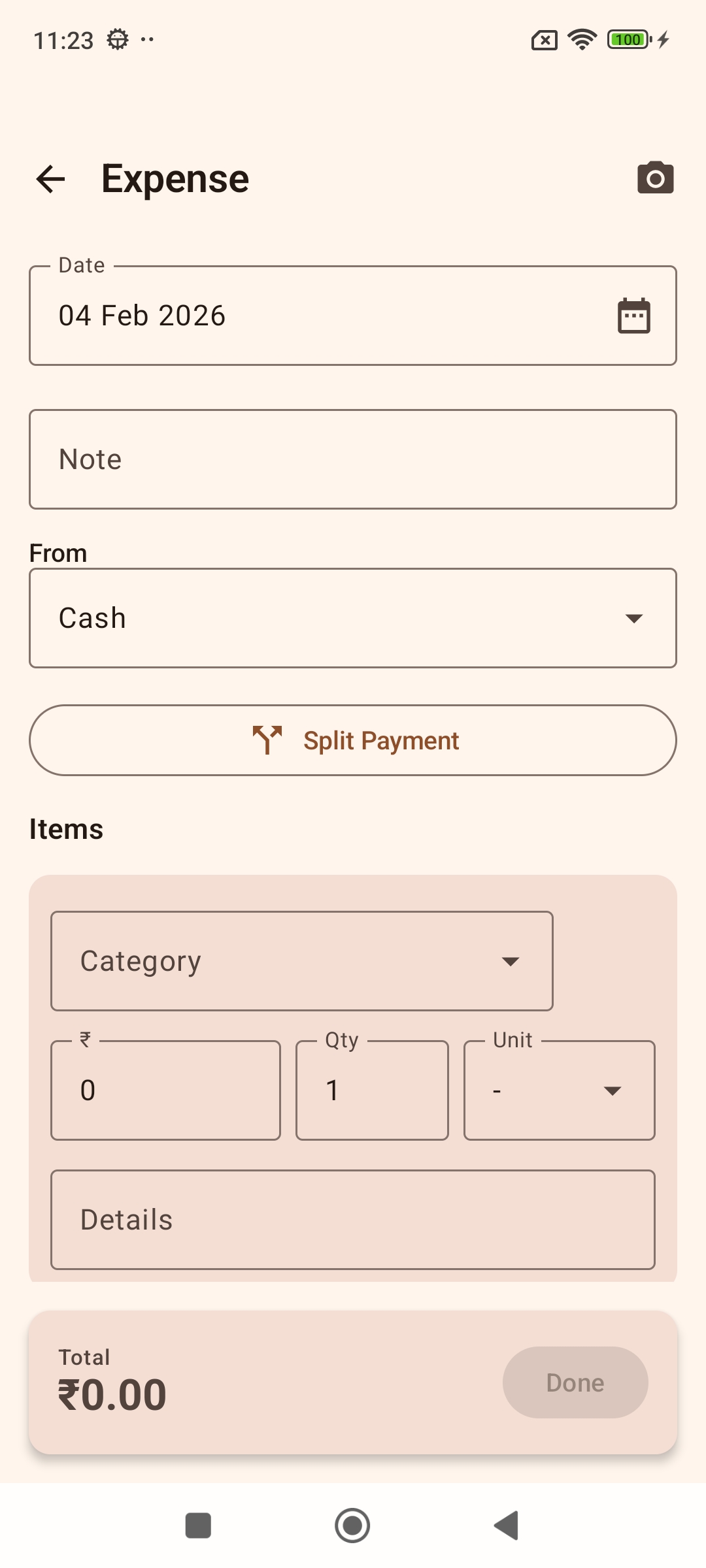Expense entry form with line items